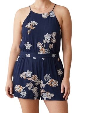 J.O.A Women’s Size M Embroidered Sleeveless Jumpsuit Navy Blue Rayon